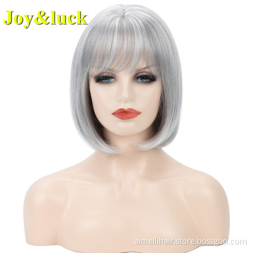Silver Gray Middle Part Wholesale Scalp Wig For Women With Bangs Party Natural Straight Short Bob Cut Wig Synthetic Hair Wigs